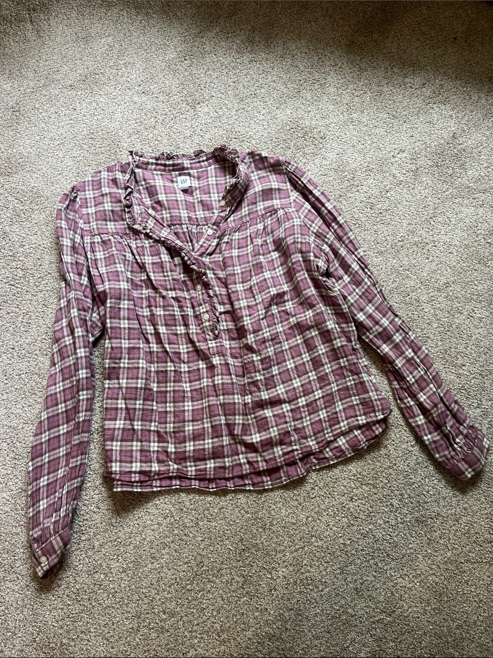 GAP Mauve Plaid Ruffle Collar Button-Front Shirt